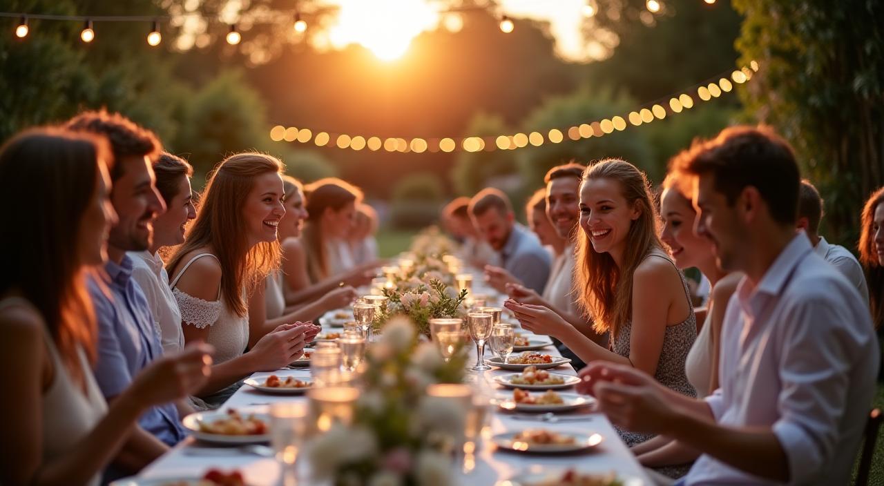 夕暮れのガーデンウェディングで食事を楽しむ人々